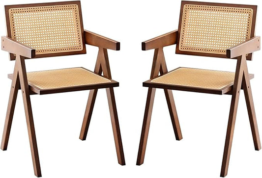 Rattan Accent Chairs, Modern Mid Century Dining Chairs Set of 2, Comfy Armchairs, Outdoor Rattan Chairs with Armrest for Bedroom Living Room Reading Room Dining Kitchen, Brown