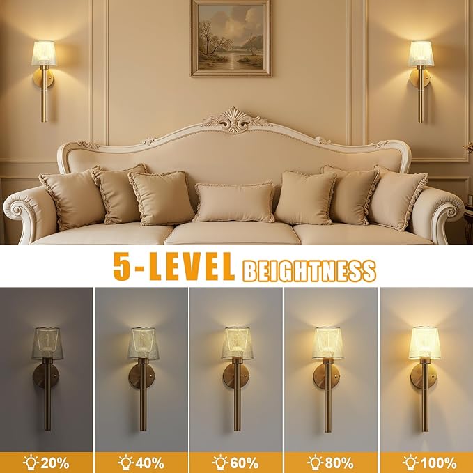 Battery Operated Wall Sconces Set of 2, 5200mAh Gold Rechargeable Wall Lights with 3 Color, Remote Control & Timer Function for Bedroom Living Room Hallway Decor