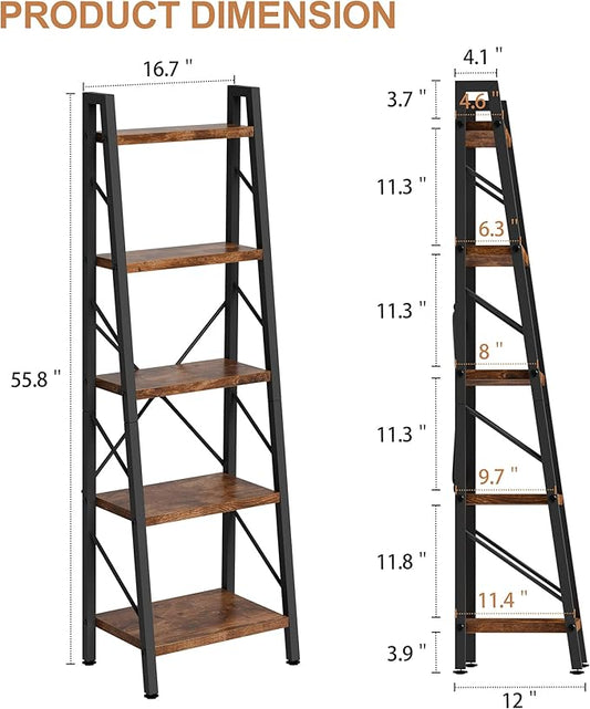 Shintenchi 5 Tier Ladder Shelf, Freestanding Corner Storage Shelves with Adjustable Feet and Anti-Falling Kit, Industrial Bookcase for Living Room, Bedroom, and Home Office, Rustic Brown