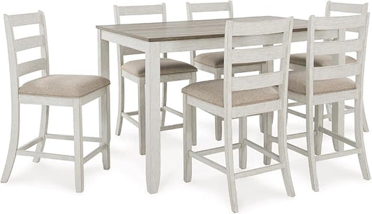 Signature Design by Ashley Skempton Modern Farmhouse Counter Height Dining Table and Upholstered Bar Stools, Set of 7, White & Light Brown