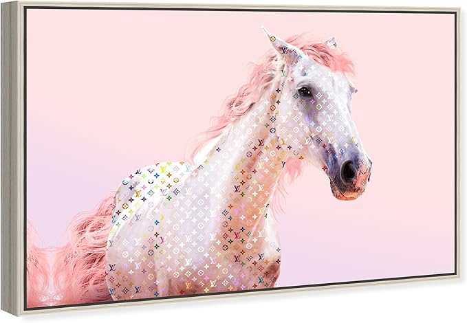 Country Farmhouse Canvas Print Painting Animal Wall Art 'Pink Glam Horse' Champagne Framed Canvas Rustic Home Décor 45x30 in Pink, White by Oliver Gal