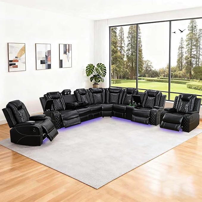 Leather Power Recliner Sectional Sofa Set with LED Light,L Shaped Leather Couch Set with Chair*2,Modular Corner Sofa with USB Ports for Living Room Furniture(Black, Sectional+Chair*2)