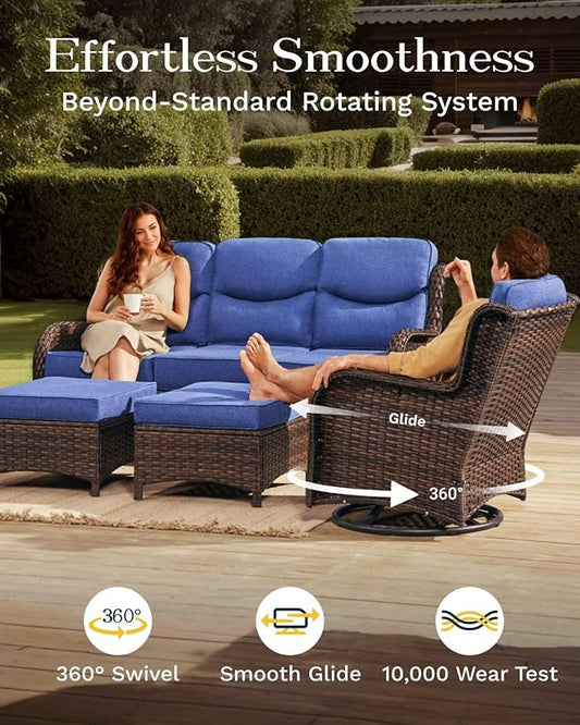Patio Furniture Set with 6-Inch Thick Cushions, 6PCS High Back Outdoor Couch and Swivel Rocker Chairs, Wicker Conversation Set for Porch, Deck, Yard in Blue
