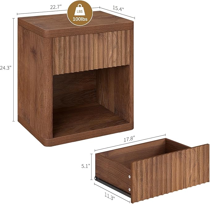 Night Stand Set of 2, Fluted Nightstand with Drawers, Wood Bedside Table with Storage, Mid Century Nightstands Night Stands Bed Side Table for Bedroom, Side Tables End Tables for Living Room