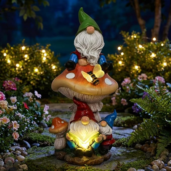 TERESA'S COLLECTIONS Garden Gnomes Statues Decorations for Yard with Solar Lights, Resin Gnome on Mushroom Reading Garden Decor Outdoor for Patio Lawn Ornaments,Ideal Gifts for Dad and Mom, 12.6"