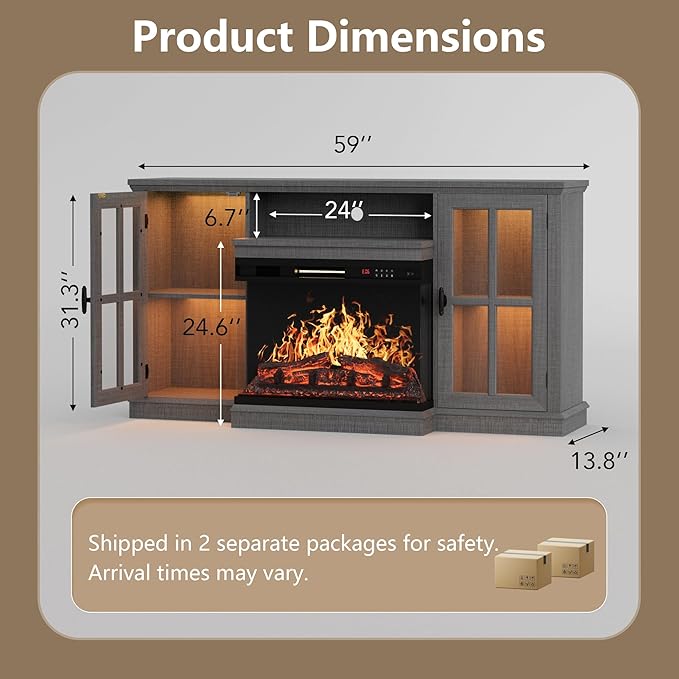YESHOMY Glass Fireplace TV Stand for Televisions up to 65", Media Entertainment Center Console Table with Led Lights, Light Grey
