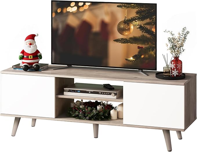 WLIVE Mid-Century Modern TV Stand for 55/60 Inch TV, Entertainment Center with Storage & Adjustable Shelves, Media Console with Soft-Close Cabinets for Living Room/Bedroom, Greige White