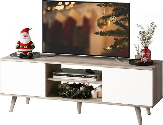 WLIVE Mid-Century Modern TV Stand for 55/60 Inch TV, Entertainment Center with Storage & Adjustable Shelves, Media Console with Soft-Close Cabinets for Living Room/Bedroom, Greige White