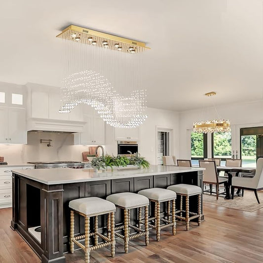 Siljoy Modern Crystal Chandelier 10-Light Rectangular Gold Wave Raindrop Pendant Flush Mount Ceiling Light for Dining Room Living Room Kitchen Island Bar L40'' x W11.8'' x H35.4''