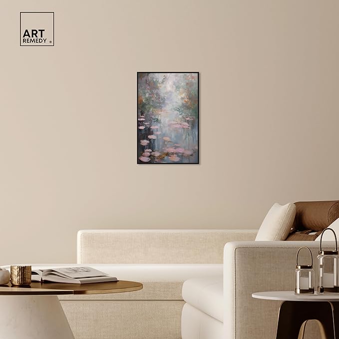 Art Remedy Pink Impressionisty Lilypads Framed Impressionism 1 Piece Canvas Wall Art/Monet And Van Gogh Inspired Art, 21" x 31", Black Frame