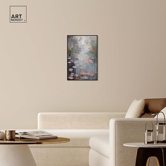 Art Remedy Pink Impressionisty Lilypads Framed Impressionism 1 Piece Canvas Wall Art/Monet And Van Gogh Inspired Art, 21" x 31", Black Frame