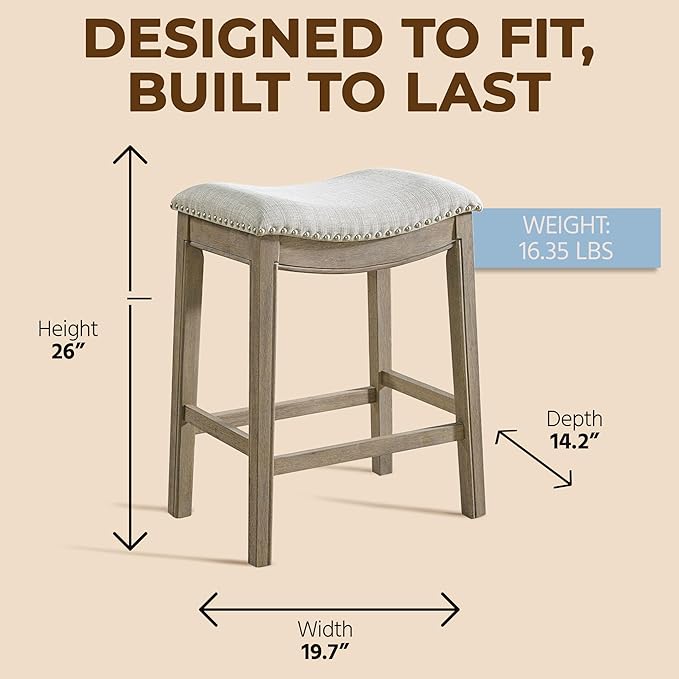 ROME + OAK Parker 26 Inch Counter Stool, Backless Saddle Kitchen Barstool in Reclaimed Oak Finish with Ash Grey Fabric Upholstery Cushion Seat
