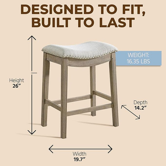 ROME + OAK Parker 26 Inch Counter Stool, Backless Saddle Kitchen Barstool in Reclaimed Oak Finish with Ash Grey Fabric Upholstery Cushion Seat