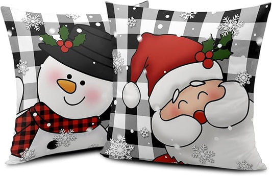 Black and White Plaid Christmas Pillows Covers 18x18 Set of 2 Winter Snowman and Santa Claus Pillow Cases Snowflakes Cushion Cases Home Decor for Living Room Bed Sofa