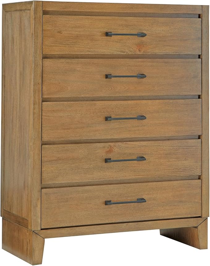 Signature Design by Ashley Sherbana Casual 5-Drawer Chest of Drawers with Safety Stop and Felt-Lined Top Drawer, Light Brown