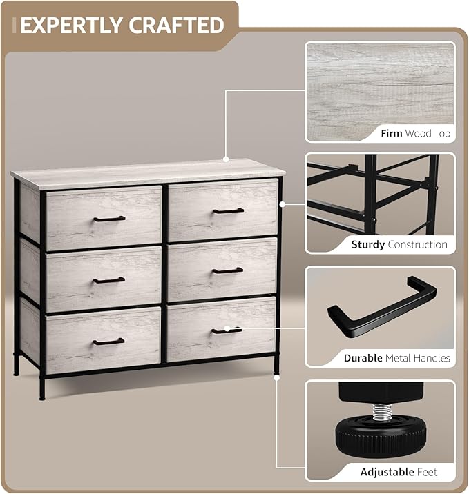 Sorbus Dresser with 6 Faux Wood Drawers - Chest Organizer Unit with Steel Frame Wood Top & Handle Easy Pull Fabric Bins for Clothes - Storage Furniture for Bedroom, Hallway, Living Room & Closet