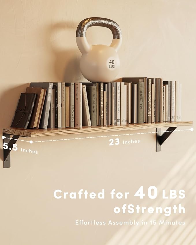 Floating Shelves for Wall, Wall Mount Book Shelf, Hanging Shelves, Wall Bookshelf for Bedroom, Office, Living Room (Light Brown, 24 Inches)