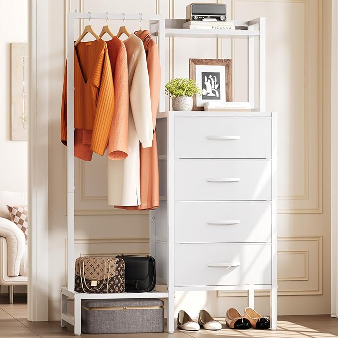 Yoobure White Dresser with Hanging Rack - Small Dresser for Bedroom with 4 Drawers, 44'H Chest of Drawers, Reversible Kids Dressers with Storage Shelf, Closet Dressers with Clothes Rack, Sturdy Frame