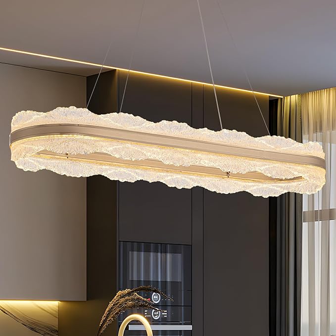 Rectangle LED Chandelier, 𝐋𝟑𝟗.𝟒" Modern Gold Chandelier Light fixture, Height Adjustable Oval chandeliers Contemporary Pendant Ceiling Light for Dining Room Living Room Kitchen Island Bar