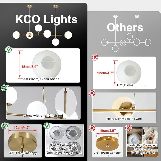 KCO Lighting Modern Globe Linear Chandelier 6 Light Milk Glass Chandeliers White and Gold Pendant Light Fixture Mid Century Rectangle Chandelier Brass Sputnik Island Lights for Kitchen