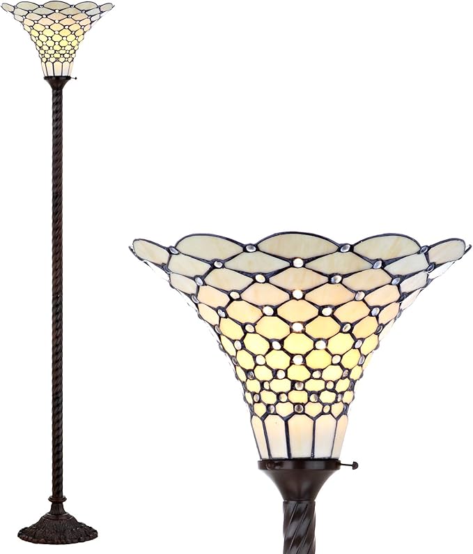 JONATHAN Y 70" Bronze Tiffany-Style Torchiere LED Floor Lamp, Traditional Handcrafted Cream Stained Glass Bowl Shade Standing Lamp for Living Room, LED Bulb Included JYL8007A