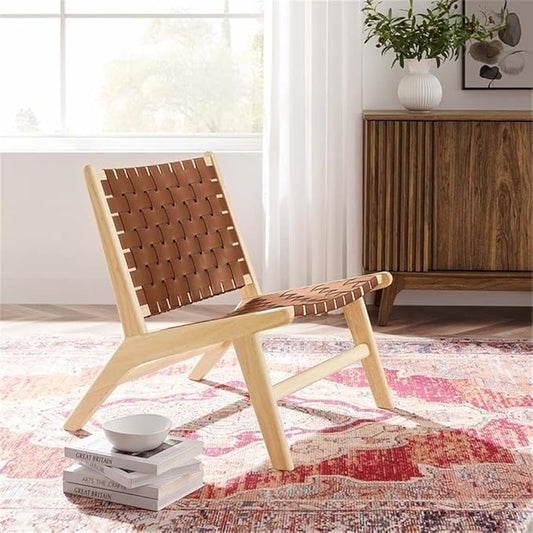 Modway Saoirse Faux Leather Wood Accent Lounge Chair in Natural Brown