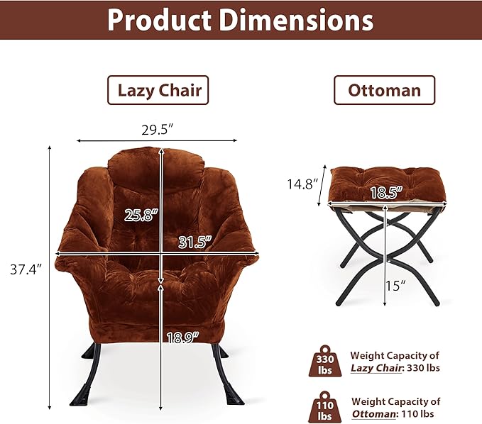 Lazy Chair with Folding Ottoman, Accent Chair Plush Upholstered with Metal Structure and Non-Slip Pads, Sofa Armchair with Footrest and Side Storage Bag for Dorm, Room, Office, Brown