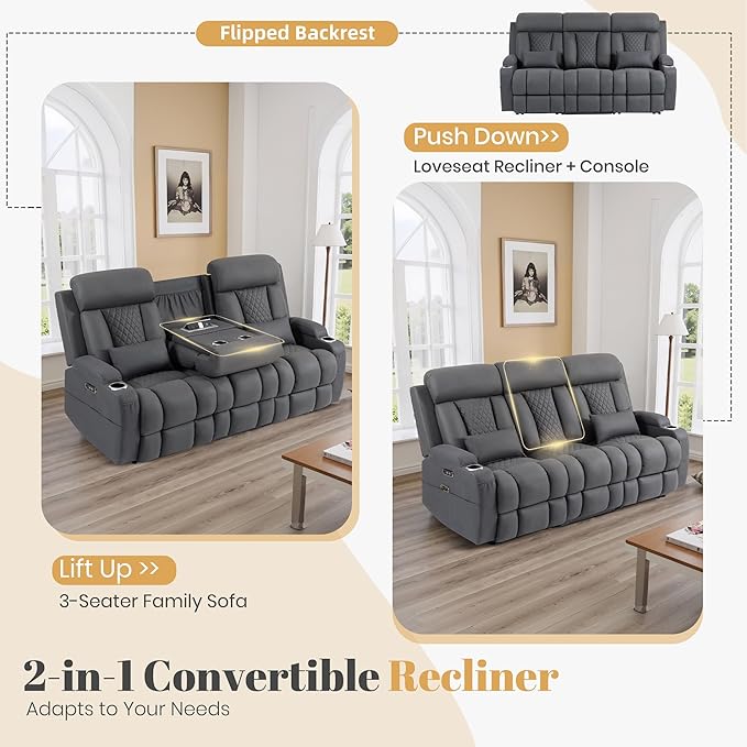 2-Piece Power Reclining Sofa Set, 3-Seater Sofa with Drop-Down Console & 2-Seater Loveseat, Zero Wall Hugger Electric Recliner Couch with Adjustable Headrest, AC Outlets (Gray, 3 Seat)
