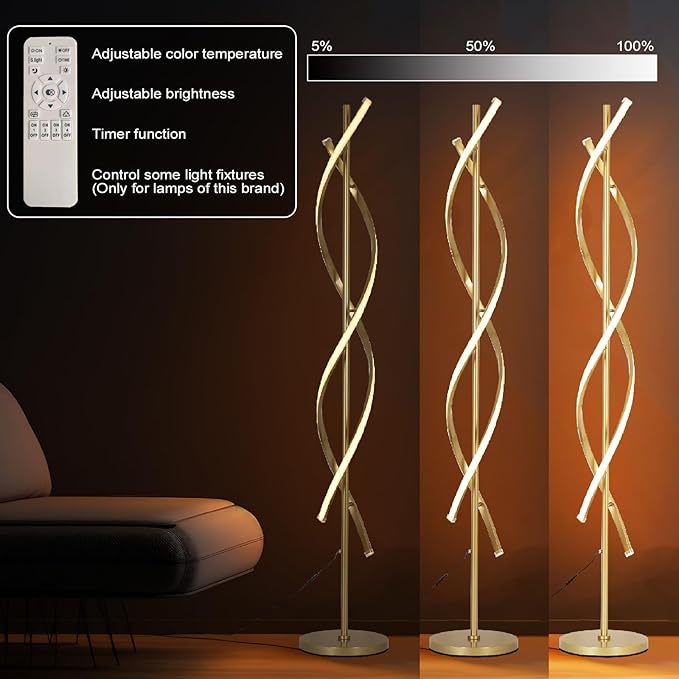 DNA 61" Tall Lamp with Dimmable Rmoete Control,Gold Spiral Beside Corner Modern Floor Lamp for Bedroom,3 Color Temperatures Lamp Standing Lamp for Living Room,Dining Room(Gold)