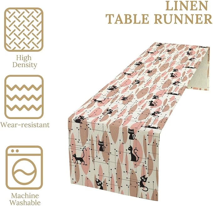 Mid Century Table Runner Vintage Pink Abstract Geometric Atomic Star Retro Black Cat Dining Table Decoration for Kitchen Dining Room 13x60in