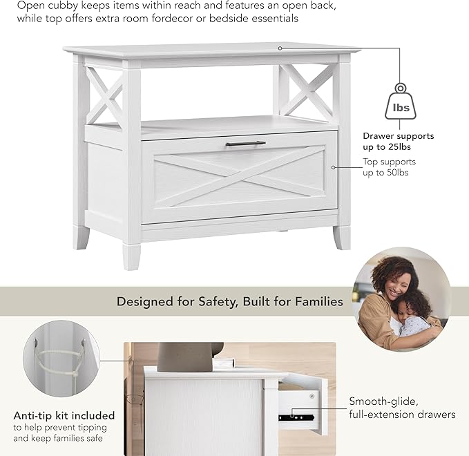 Bush Home 32-inch Nightstand with Drawer, Bedroom Furniture, Key West Collection, Pure White Oak