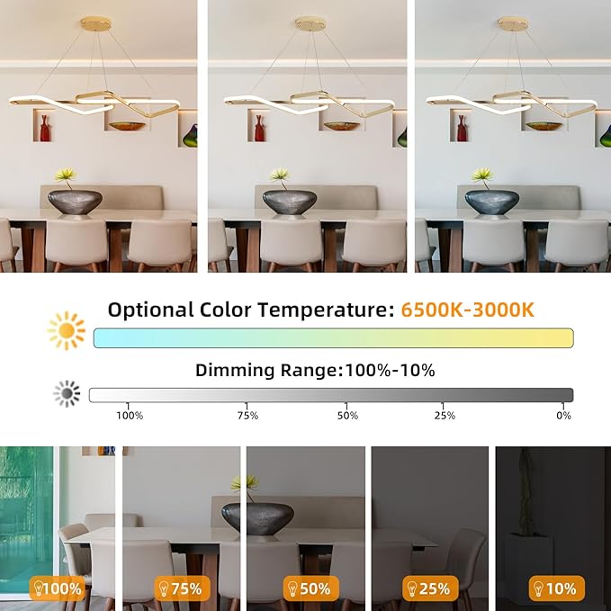 33 in Dimmable Modern LED Chandeliers for Dining Room - Adjustable Height Pendant Light Fixture Over Table, Contemporary Gold Chandelier Light Fixture (Gold 33")