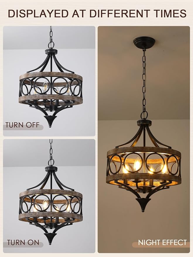 Farmhouse Chandelier for Dining Room, 15.7 Inch Hanging Round Light Fixture Over Table, 4-Light Wood Chandelier for Kitchen Island Dining Room Entryway