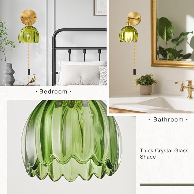 Glass Plug in Wall Sconces Set of 2, Vintage Wall Lamp with Plug in Cord Green Tulip Shade Decor Indoor, Gold Wall Light for Bedroom Bedside Kids Living Room Bathroom