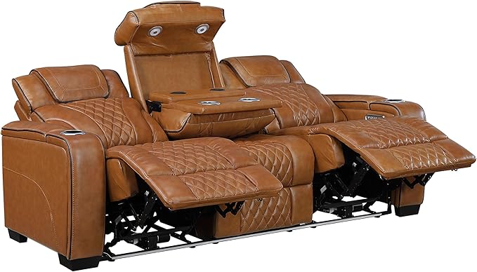 Lexicon Power Double Reclining Sofa, Center Drop-Down Table with Heat/Massage/Headrest/Storage Arms/Cup Holders/LED Lights/Wireless Charging, Top Grain Leather Match Wall Hugger Recliner Sofa, Brown