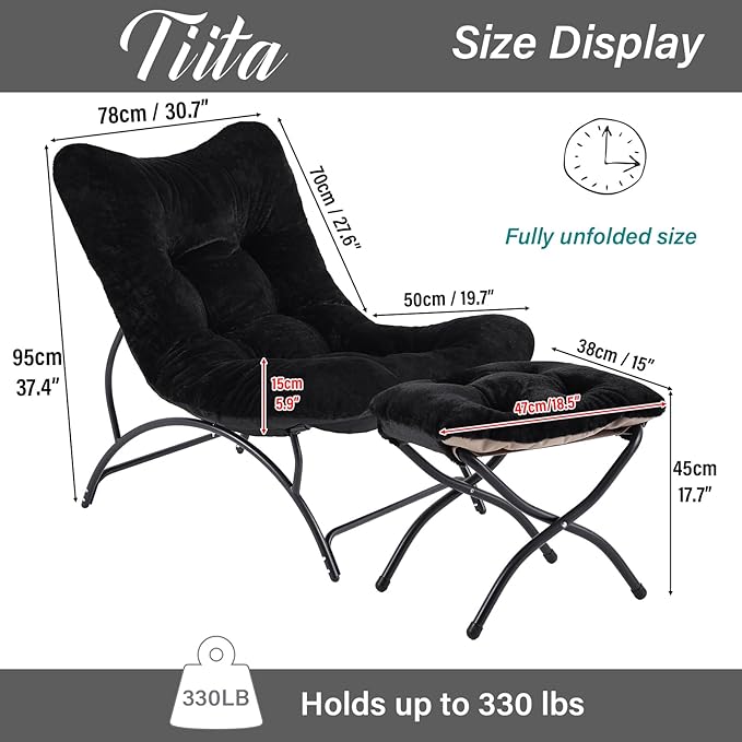 Tiita Accent Lazy Chair with Ottoman, Comfy Lounge Chair with Metal Frame and Plush Fabric, Thick Cushion Seated Cozy Recliner Chair for Reading Room, Living Room, Bedroom, Office, Black