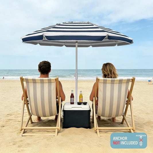 AMMSUN 6.5ft Portable Beach Umbrella for Sand with air vent Tilt Pole, Carry Bag UV 50+ Protection Outdoor Umbrellas Windproof for Patio Garden Beach Pool Backyard Navy Stripe