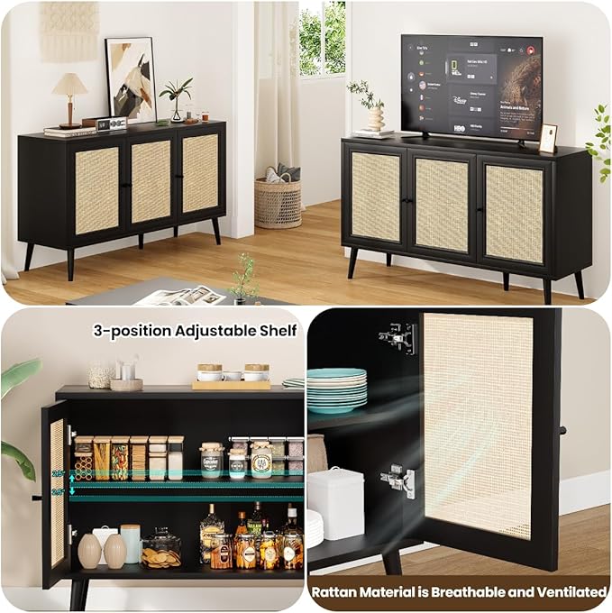FONTOI Rattan Entryway Table, Entertainment Center with Adjustable Shelf, Sideboard Buffet Cabinet with 3 Rattan Doors, Modern Console Cabinet with Large Storage for Living Room, Kitchen, Black