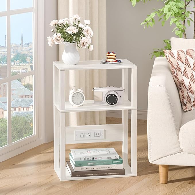 3-Tier Small Narrow Wood Side Table with Charging Station, Skinny Nightstand for Small Space, Slim Bedside Table with Storage for Couch, Thin End Table with USB Ports and Outlets, Grey White