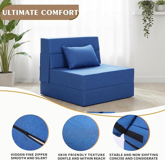 Fvkind Folding Sofa Bed, Foldable Sleeper Chair with Pillow, Convertible Fold Out Chair Bed with Washable Cover, Foldable Mattress for Living Room, Bedroom, Guest Room, Single Size, Blue