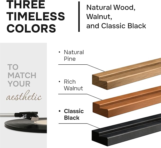 VOL-KI 4-Pack Vinyl Record Shelf Wall Mount – Solid NZ Pine Wood Floating Vinyl Display Shelf & Record Holder, Includes Now Playing Display, Marking Strip & Mini Level, record wall display (Black)