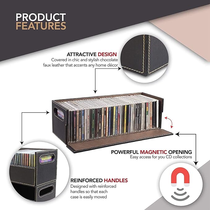 Stock Your Home CD Storage Box, Organizer Shelf for Movie Cases, DVDs, Cassette Tape Display Stand, Disc Holder Can Store Up to 40 CDs, Faux Leather (Brown)