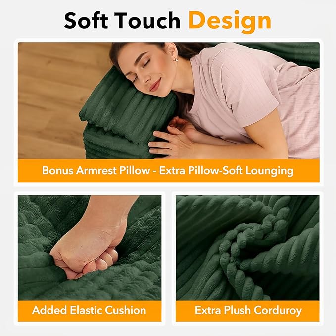 60in Loveseat Sofa, Boneless Cloud Couch Sofa for Living Room 2 Seater Modern Lounge Sleeper Couch with Removable Cover Corduroy with Armrest, Seat Cushion & Pillows for Small Spaces, Green