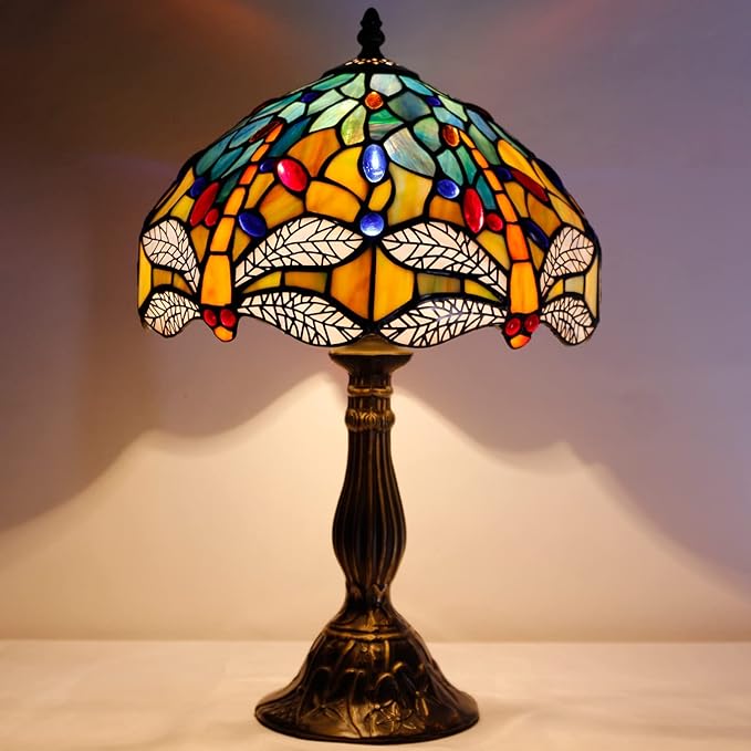 WERFACTORY Tiffany Lamp Sea Blue Yellow Stained Glass Dragonfly Style Table Lamp Nautical Reading Desk Bedside Light 12X12X18 Inches Decor Bedroom Living Room Home Office S128 Series