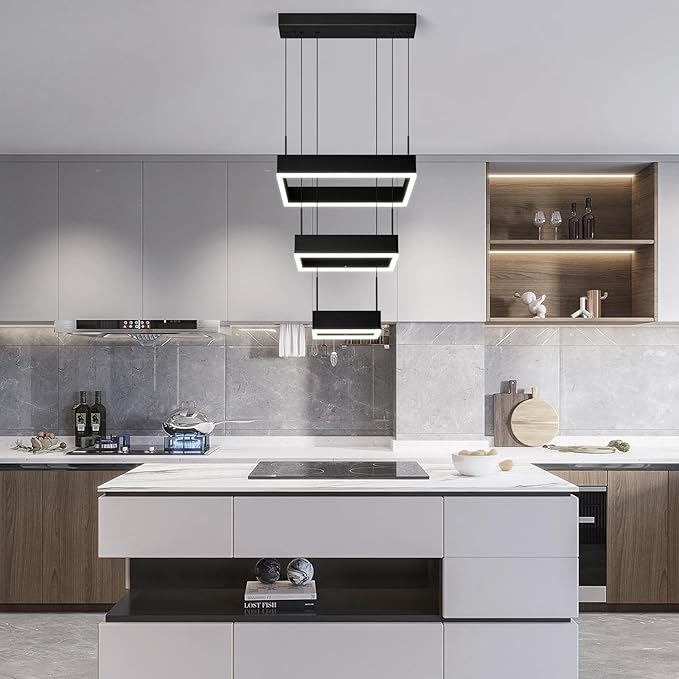 Modern LED Chandelier 3 Ring Dimmable Square Black Adjustable Pendant Ceiling Light Fixture for Foyer, Dining Room, Bedroom, Living Room