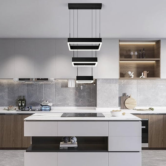 Modern LED Chandelier 3 Ring Dimmable Square Black Adjustable Pendant Ceiling Light Fixture for Foyer, Dining Room, Bedroom, Living Room
