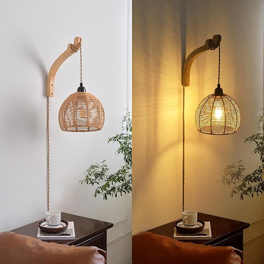 Plug in Wall Sconce,Farmhouse Wicker Wall Lamp Plug in,Hand Woven Rattan Wall Light Farmhouse Rustic Boho Sconces Wall Lighting for Living Room Bedroom