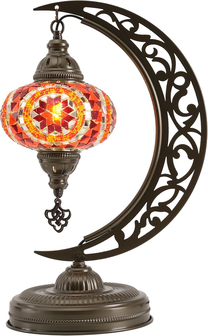 Mozaist Turkish Mosaic Crescent Shape Table Lamp, Moroccan Moon Boho Handmade Desk Light, Farmhouse Rustic Living Room Decorative Lighting, Bedside Nightstand with E12 Socket & US Plug (Orange & Red)