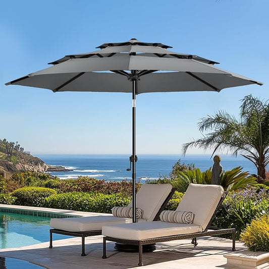 wikiwiki 9ft 3-Tier Patio Umbrella Outdoor Table Market Umbrella for Patio with Push Button Tilt/Crank, Fade Resistant Waterproof POLYESTER Canopy for Garden, Lawn, Deck, Backyard & Pool, Dark Gray