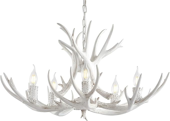 JONATHAN Y 26" White Rustic Resin Antler 4-Light LED Chandelier, Farmhouse Faux Deer Horn Hanging Ceiling Light for Dining Room, Kitchen Island, Adjustable Light Fixture (JYL6300B)